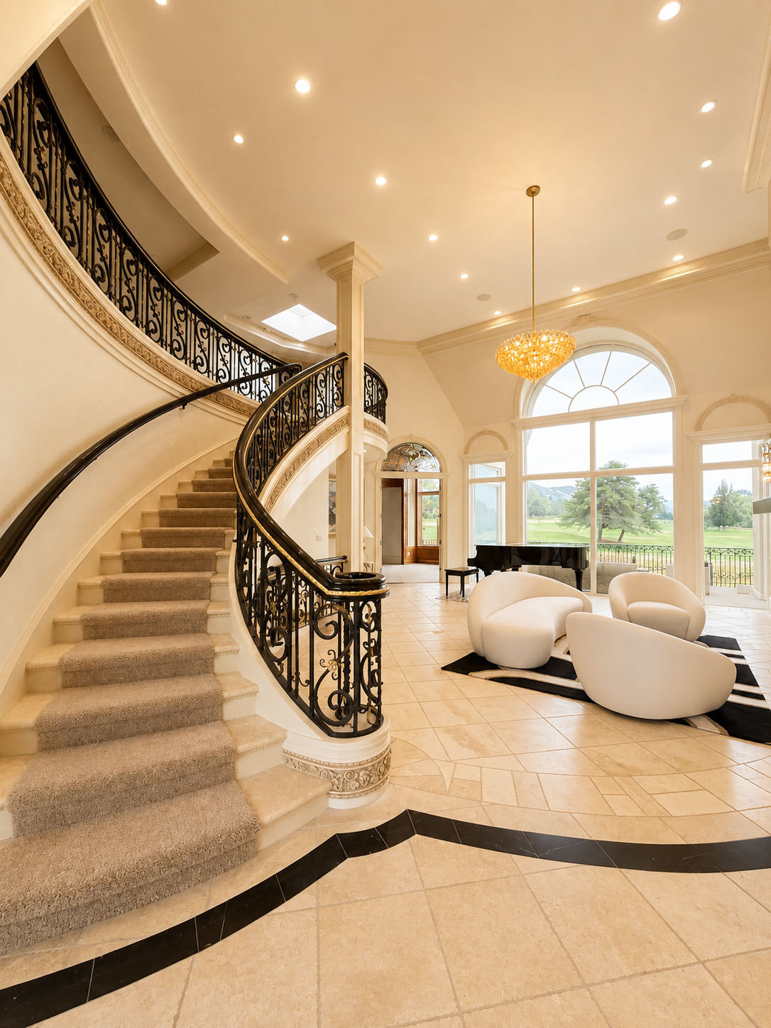 Grand curved staircase with wrought-iron railing and arched window in the completed Wasatch Drive Luxury Residence