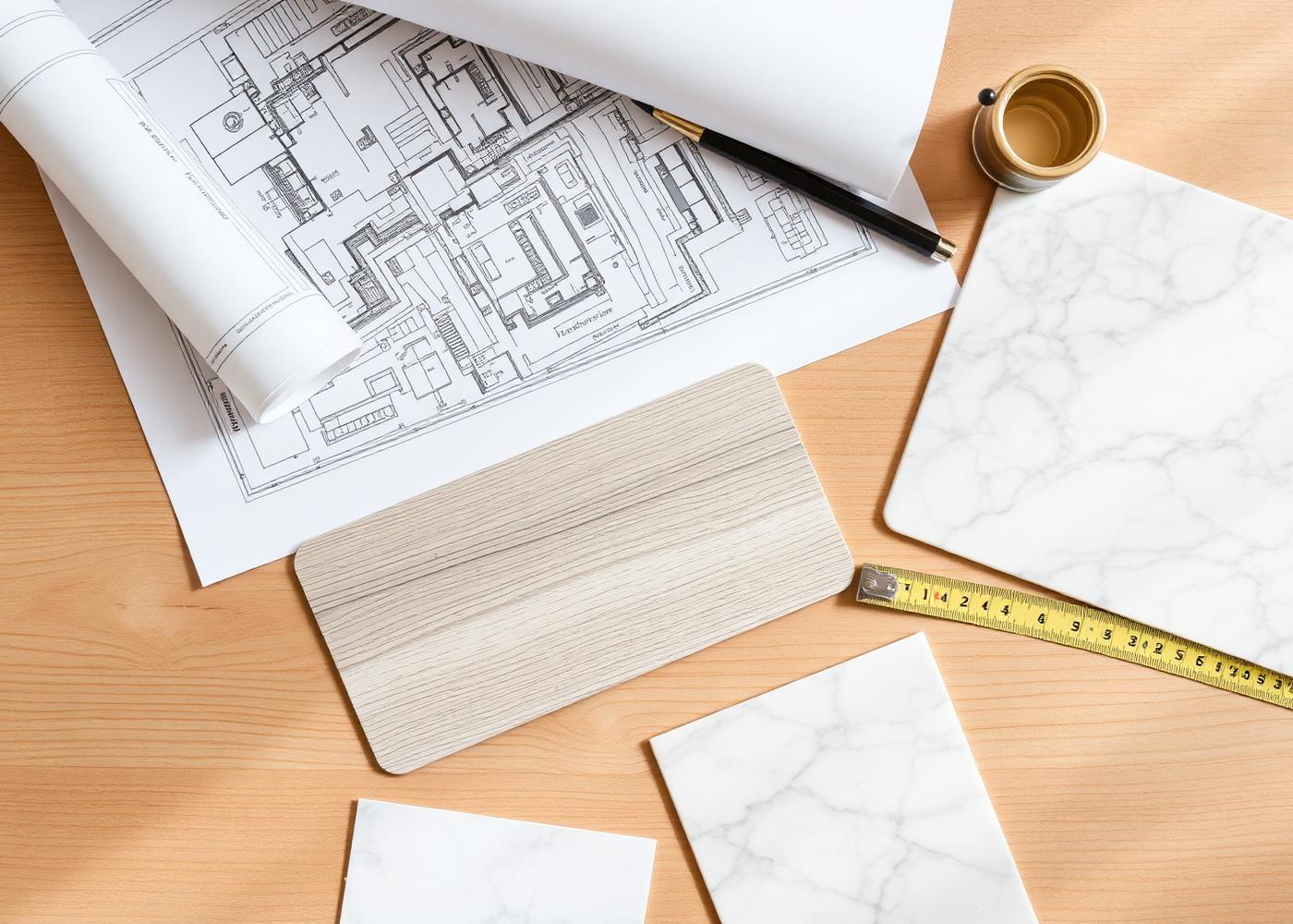 Architectural blueprints with marble and wood material samples