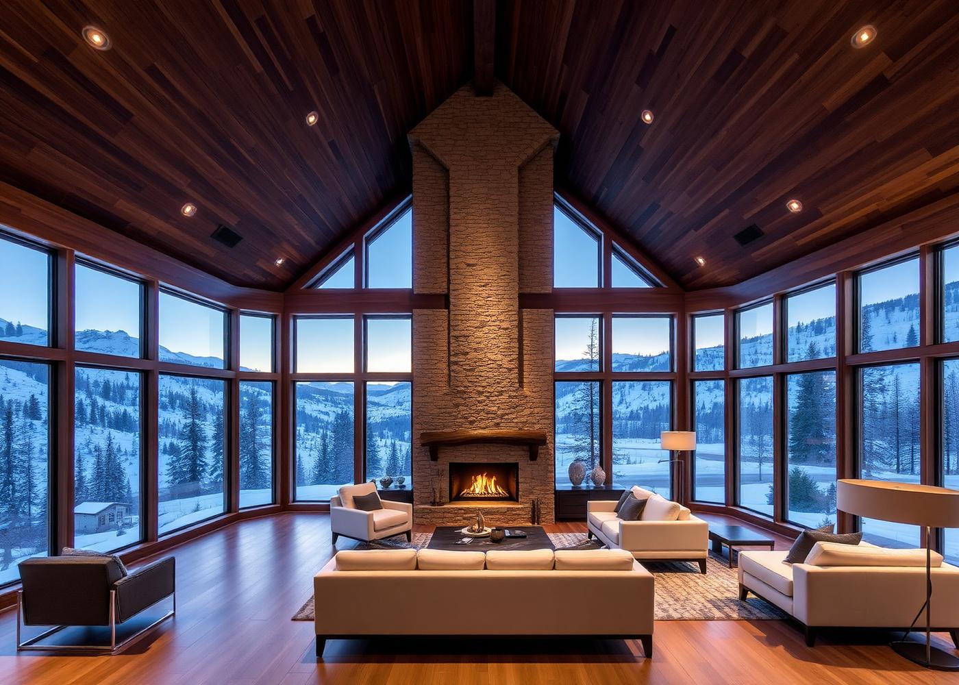 Great room with vaulted wood ceiling and floor to ceiling stone fireplace
